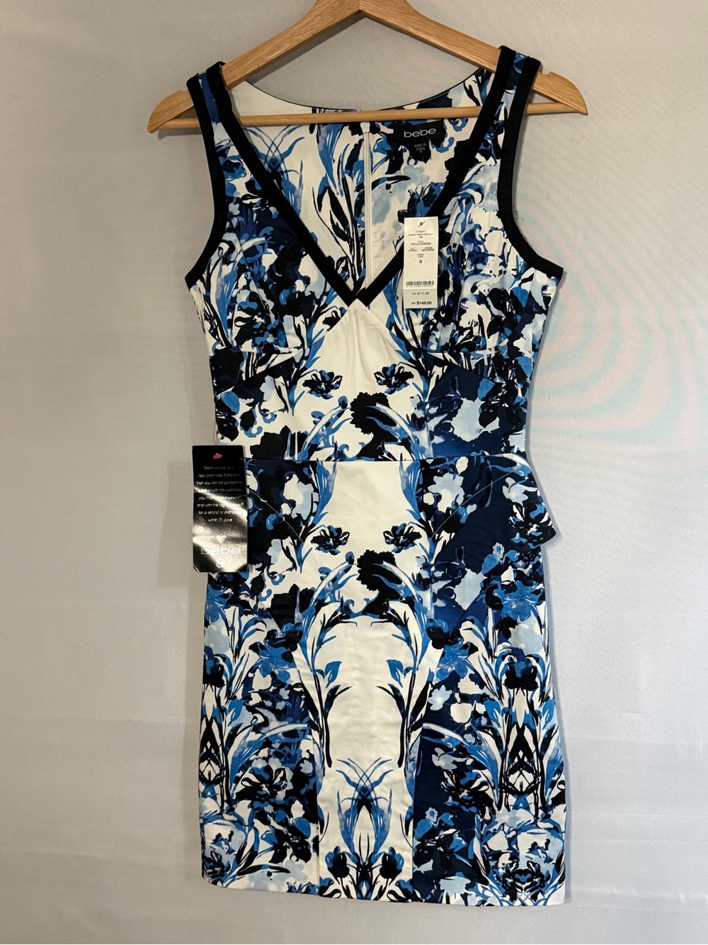 Bebe Blue Floral Peplum Sheath Dress Women’s Size 4 Stretch Cotton